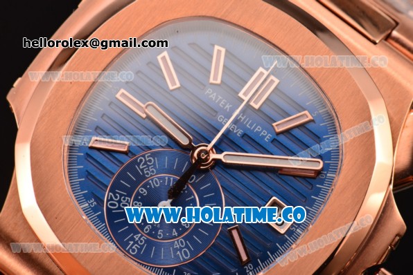 Patek Philippe Nautilus Chrono Swiss Valjoux 7750-CHG Automatic Rose Gold Case/Bracelet with Blue Dial and Stick Markers (BP) - Click Image to Close